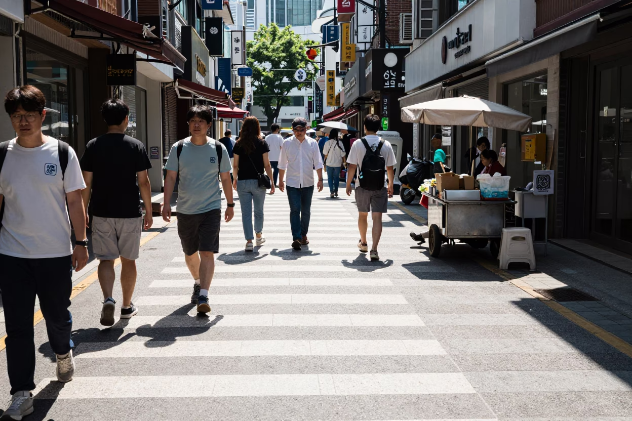 Street Scene in Seoul at The Flat Glare Of Noon Light in in Seoul, South Korea