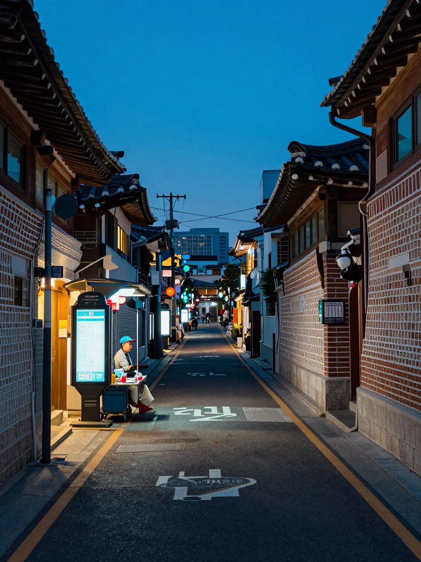 Street Scene in Seoul at The Last Blue Light Of Evening in in Seoul, South Korea