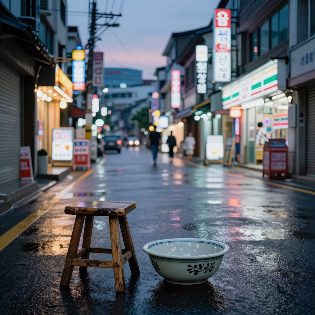 Street Scene in Seoul at Twilight in in Seoul, South Korea