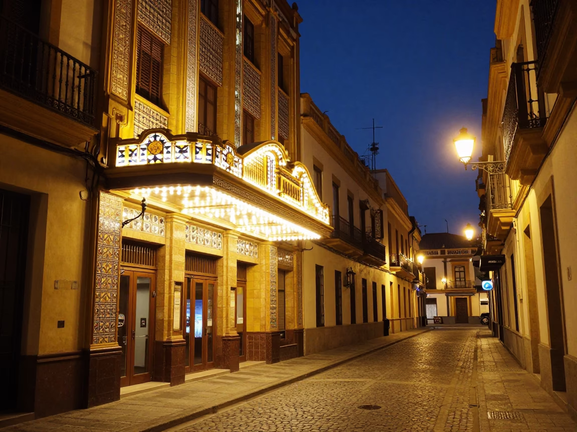 Street Scene in Seville at As City Lights Begin To Glow in in Seville, Spain