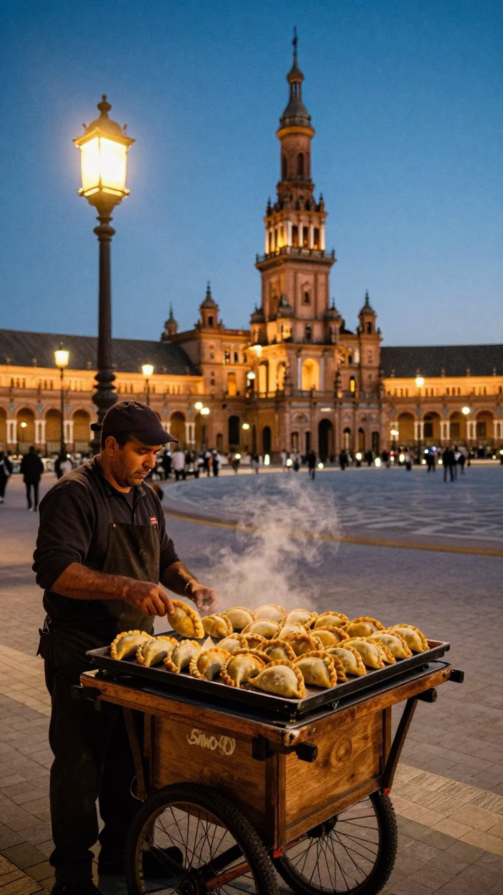 Street Scene in Seville at As City Lights Begin To Glow in in Seville, Spain