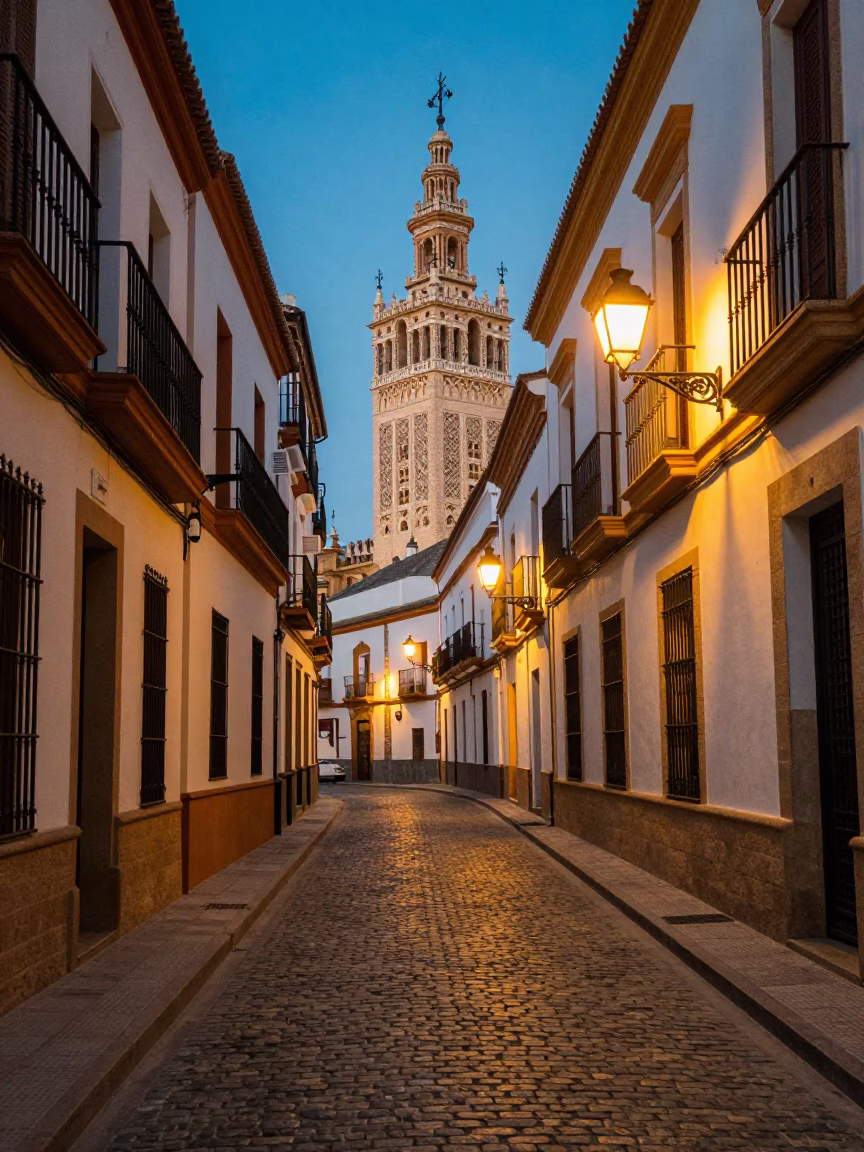 Street Scene in Seville at As City Lights Begin To Glow in in Seville, Spain