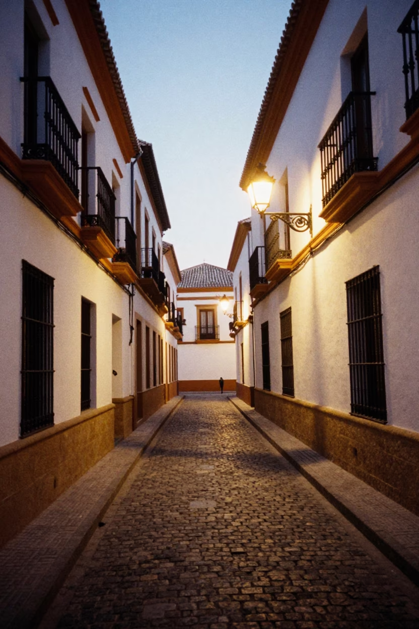 Street Scene in Seville at As City Lights Begin To Glow in in Seville, Spain