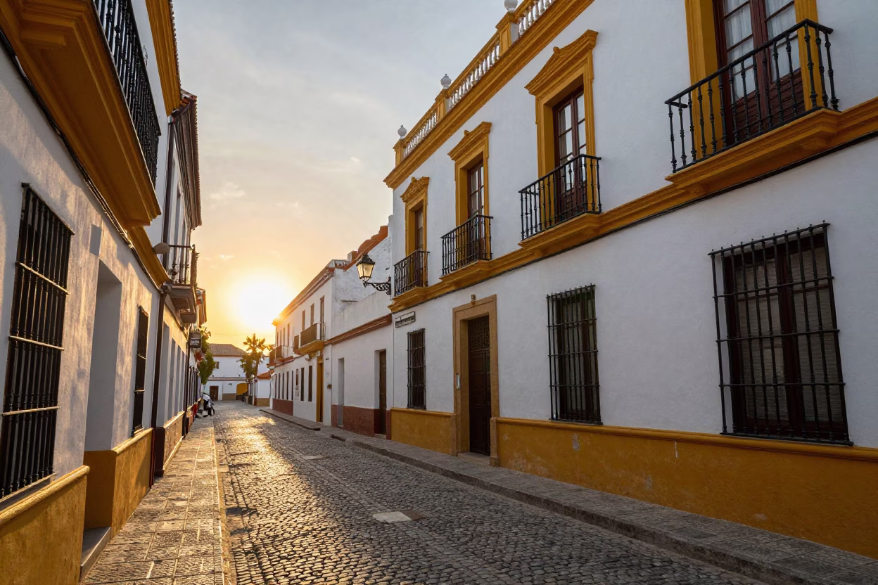 Street Scene in Seville at As The Sun Drops Toward The Horizon in in Seville, Spain