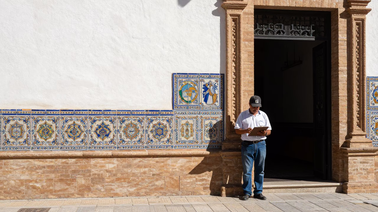 Street Scene in Seville at Bright Midmorning Light in in Seville, Spain