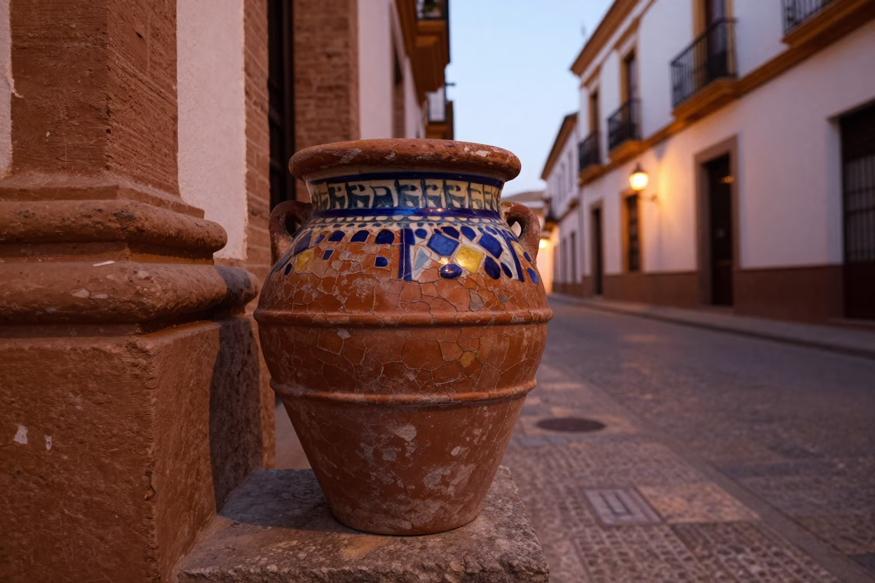 Street Scene in Seville at Copper-toned Light Before Dusk in in Seville, Spain