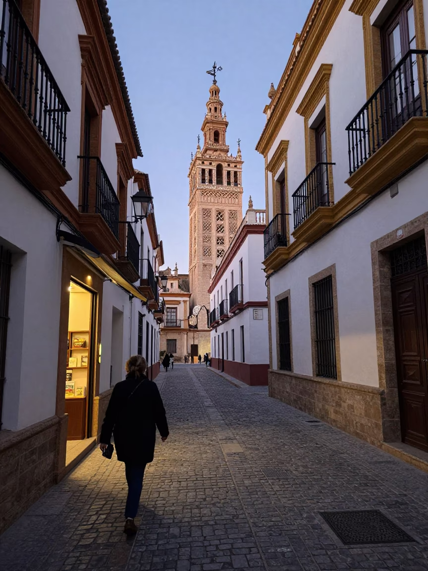 Street Scene in Seville at First Light Of Dawn in in Seville, Spain