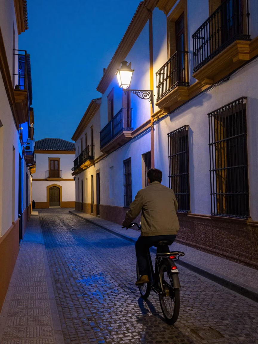 Street Scene in Seville at The Last Blue Light Of Evening in in Seville, Spain