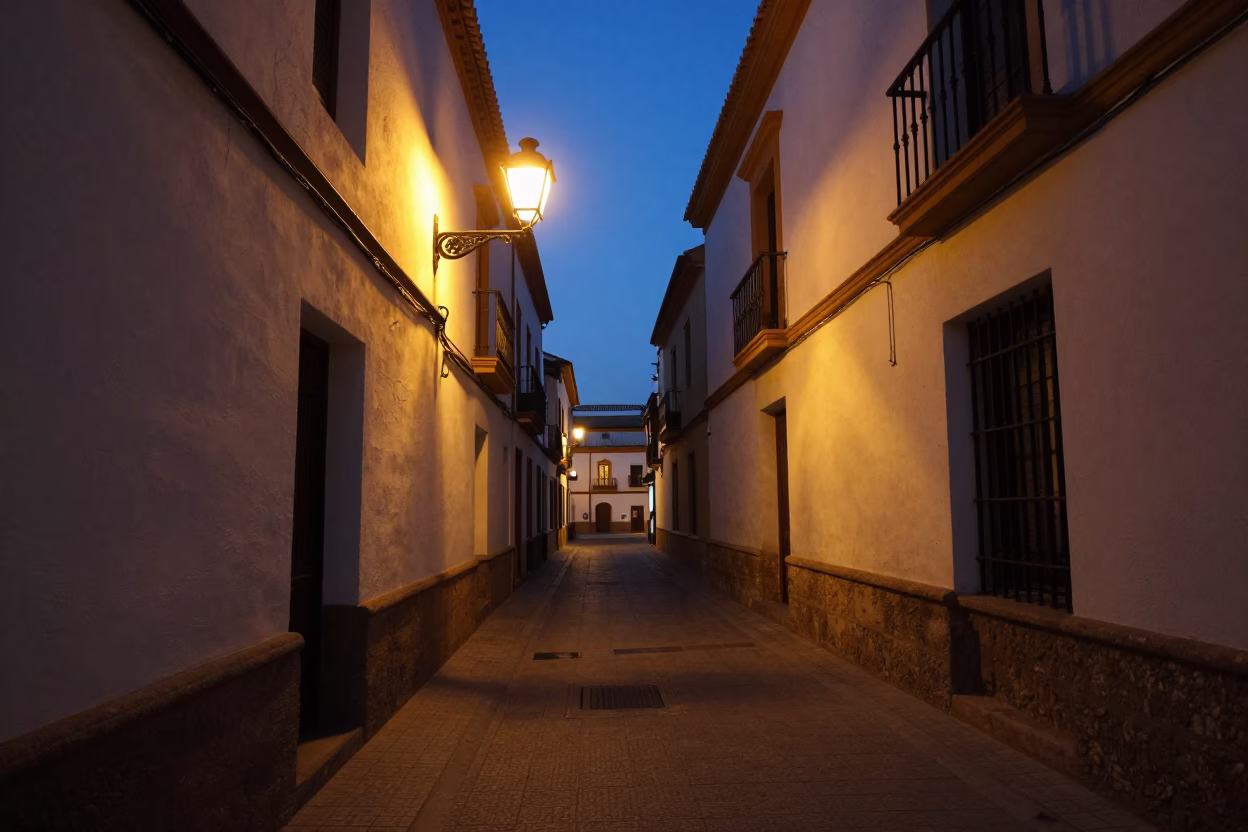 Street Scene in Seville at The Predawn Darkness Light in in Seville, Spain