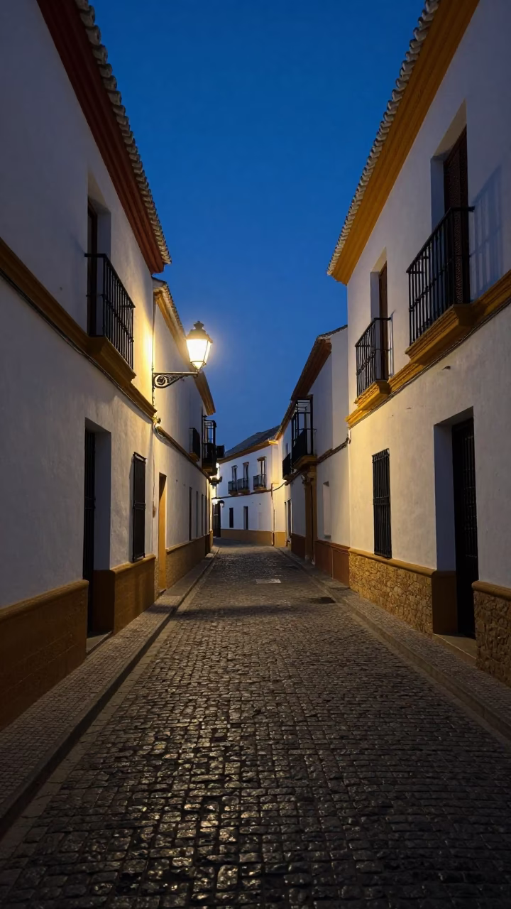 Street Scene in Seville at The Predawn Darkness Light in in Seville, Spain