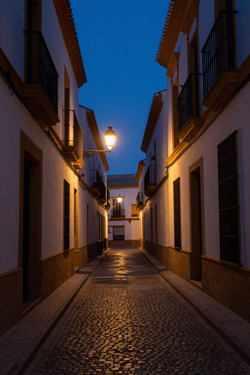 Street Scene in Seville at The Predawn Darkness Light in in Seville, Spain
