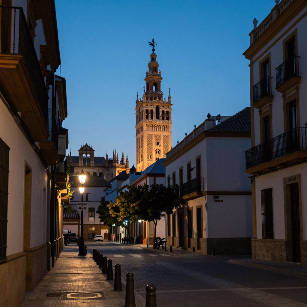 Street Scene in Seville at The Still Hours Before Dawn Light in in Seville, Spain