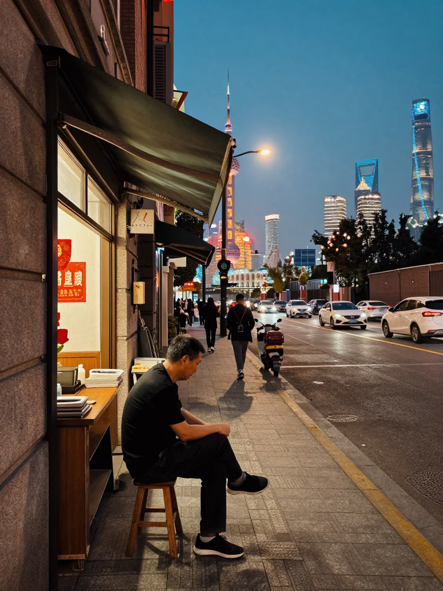 Street Scene in Shanghai at As City Lights Begin To Glow in in Shanghai, China