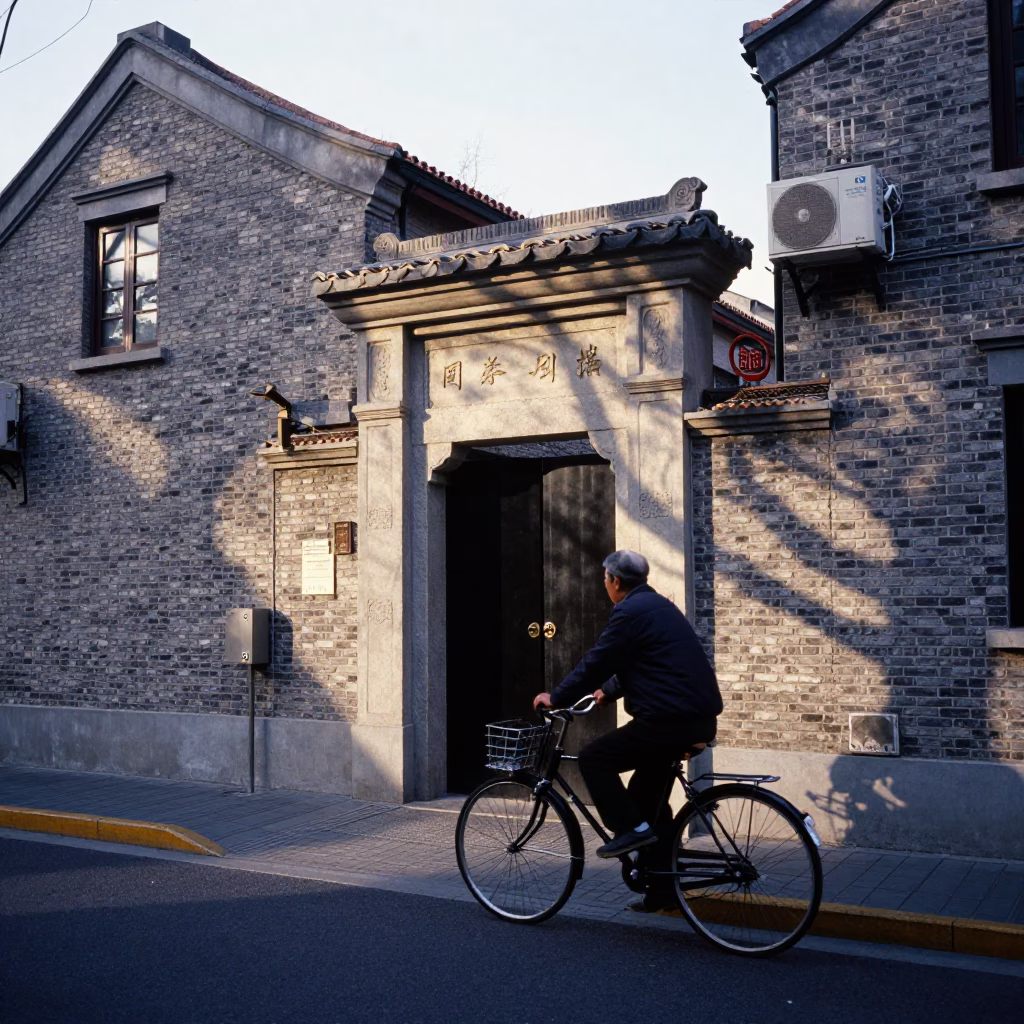 Street Scene in Shanghai at As First Light Reaches The Scene in in Shanghai, China
