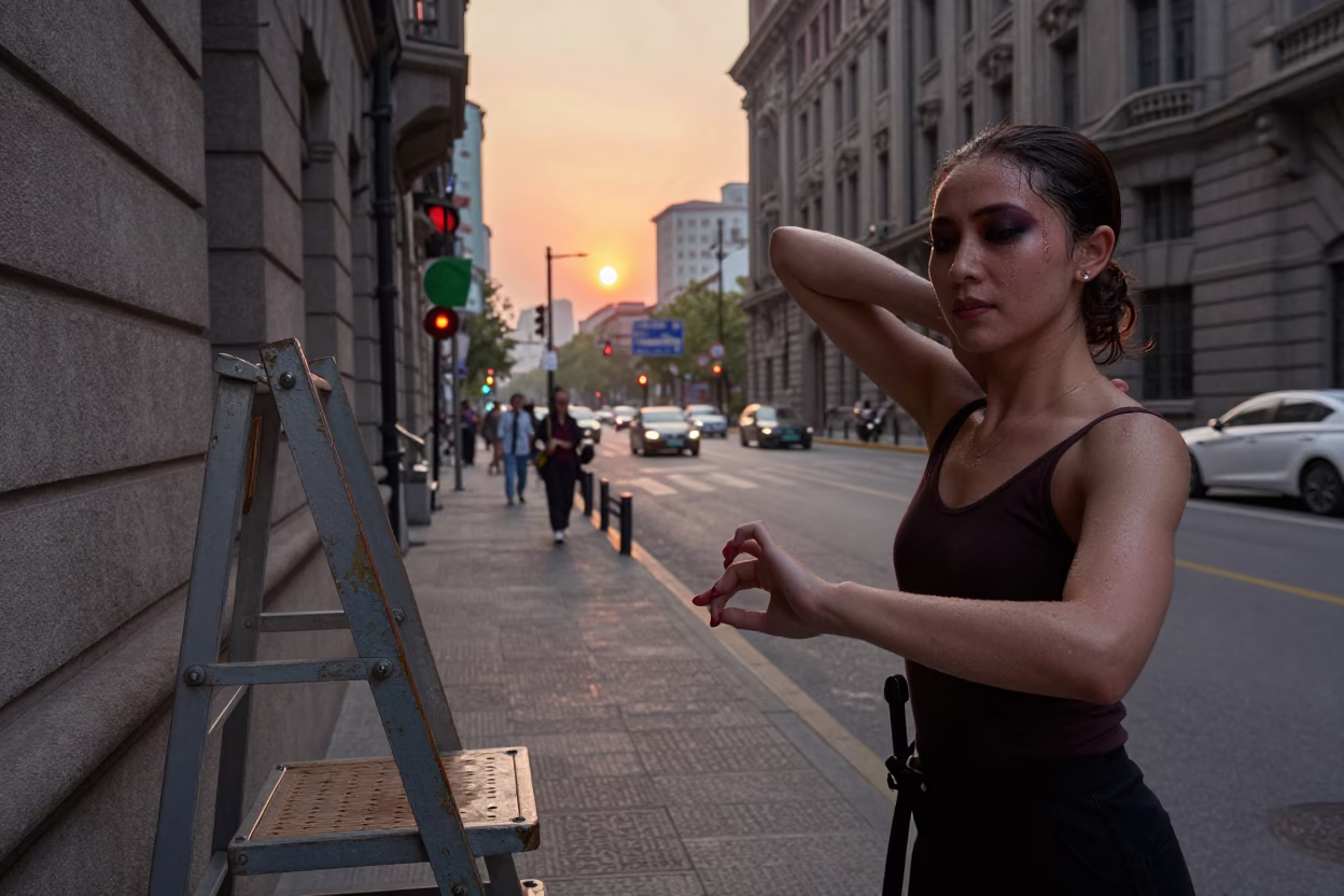 Street Scene in Shanghai at As The Sun Drops Toward The Horizon in in Shanghai, China
