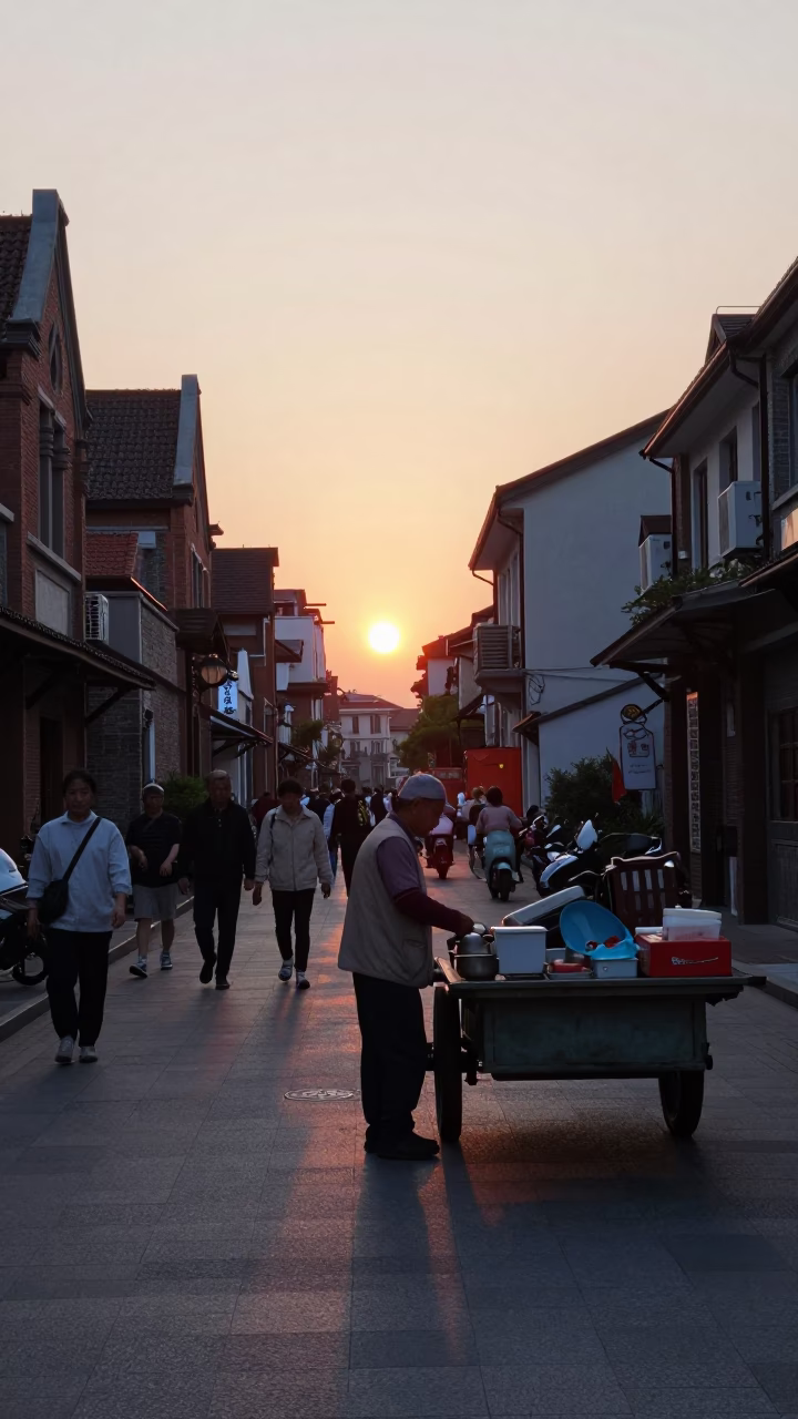 Street Scene in Shanghai at As The Sun Drops Toward The Horizon in in Shanghai, China