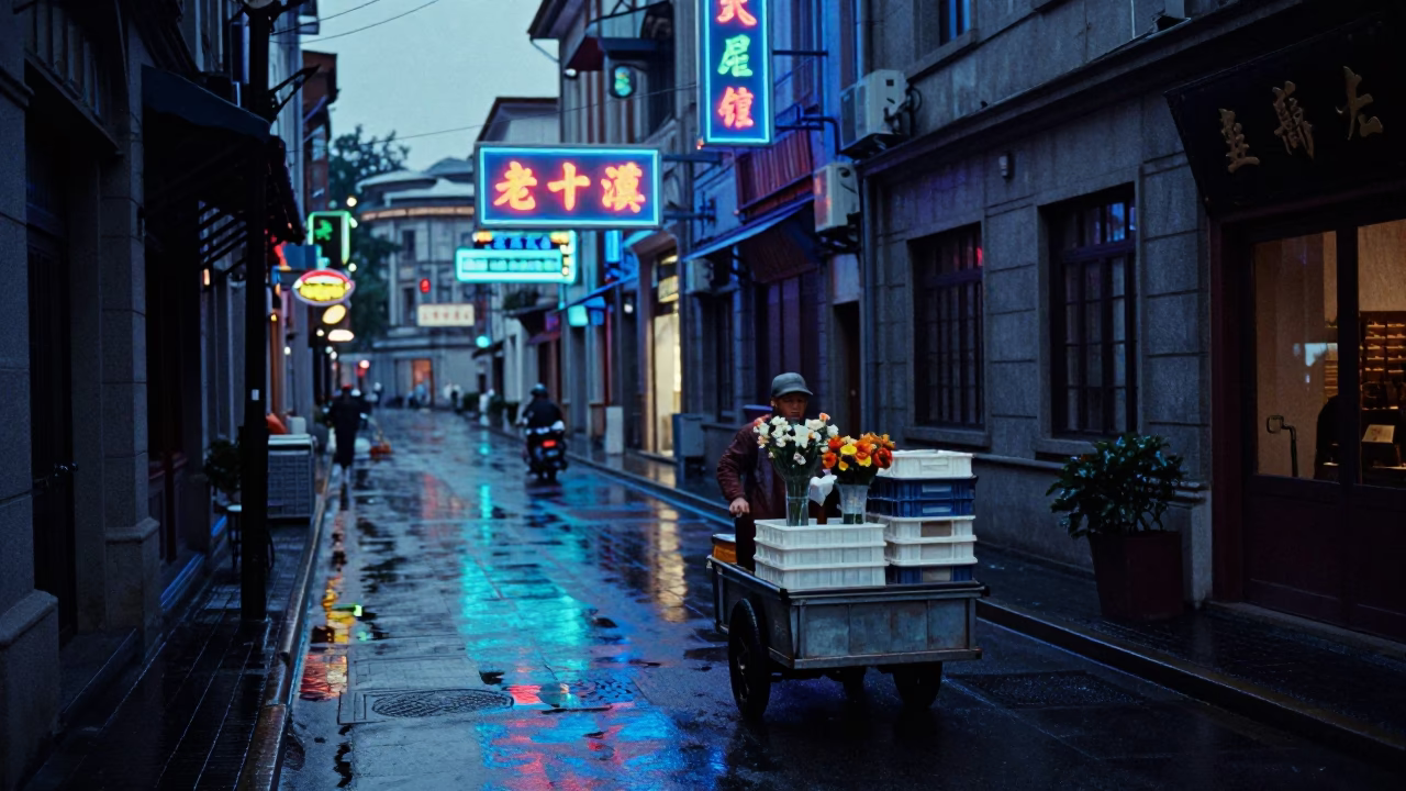 Street Scene in Shanghai at Blue Hour in in Shanghai, China