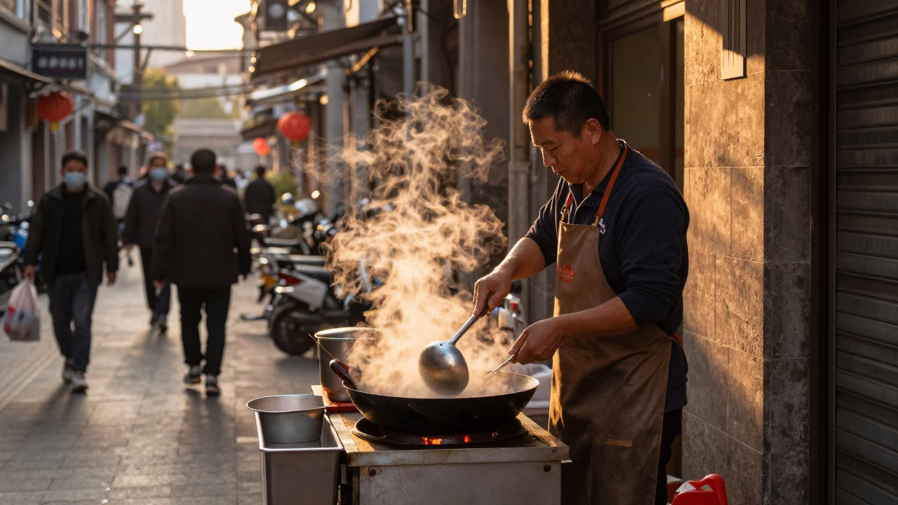 Street Scene in Shanghai at Honeyed Evening Light in in Shanghai, China