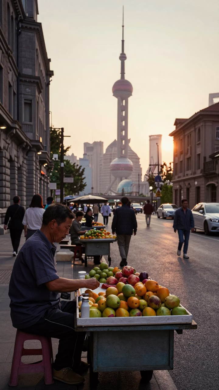 Street Scene in Shanghai at Sunset Light in in Shanghai, China