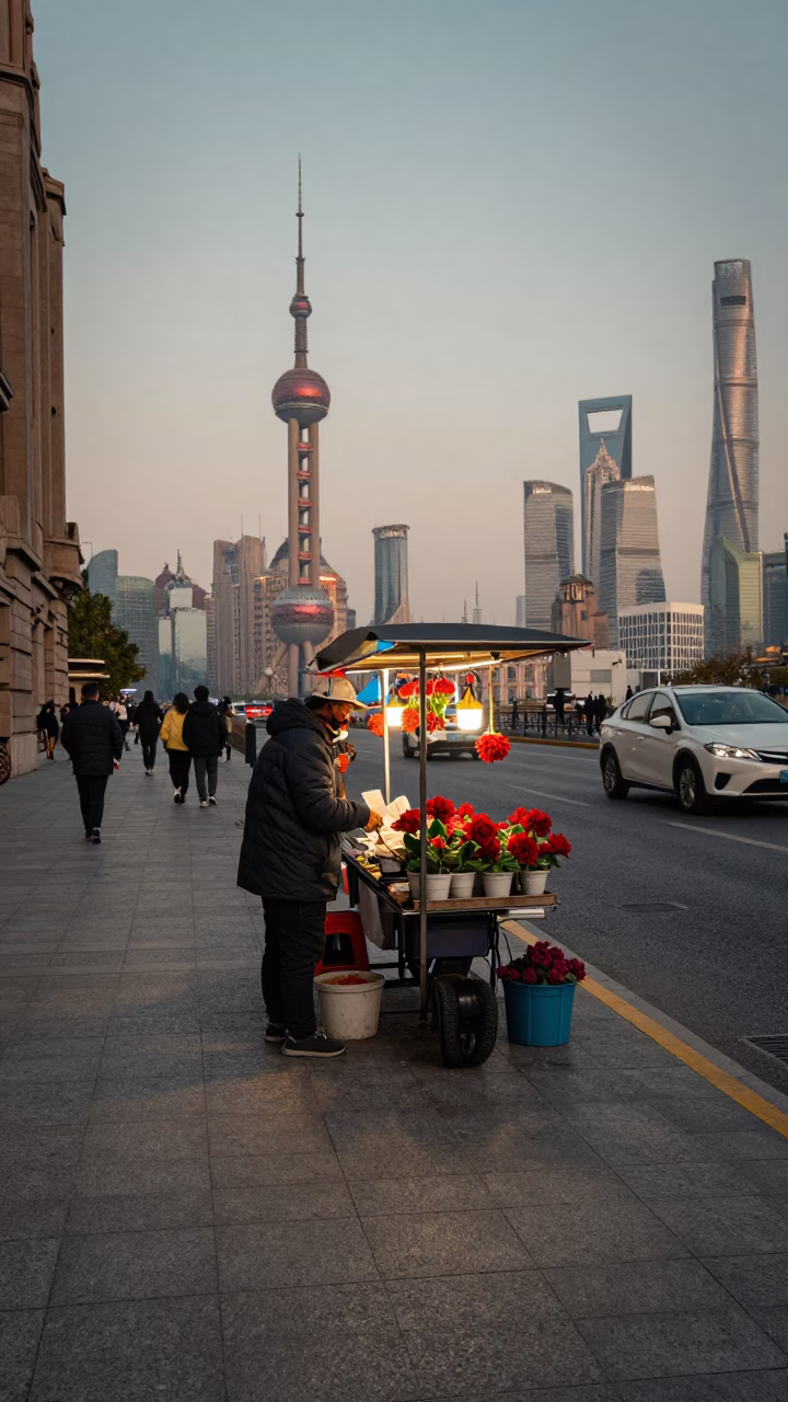 Street Scene in Shanghai at The Early Evening Light in in Shanghai, China