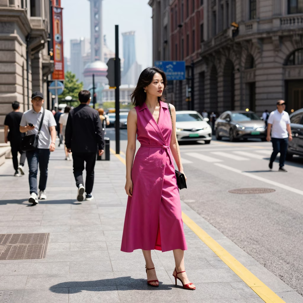 Street Scene in Shanghai at The Flat Glare Of Noon Light in in Shanghai, China