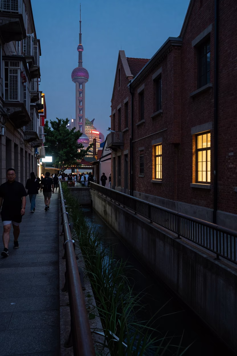 Street Scene in Shanghai at The Predawn Darkness Light in in Shanghai, China