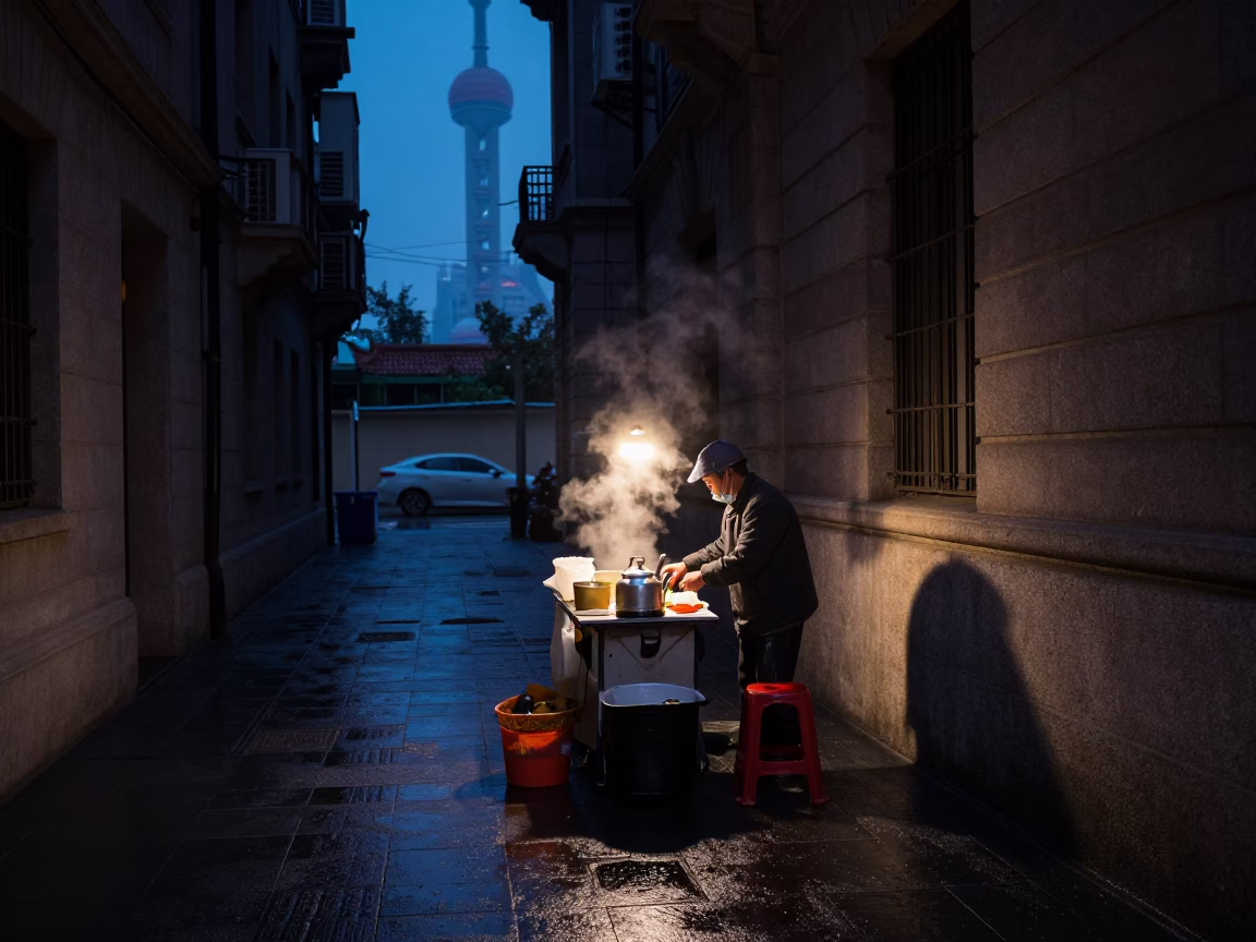 Street Scene in Shanghai at The Predawn Darkness Light in in Shanghai, China