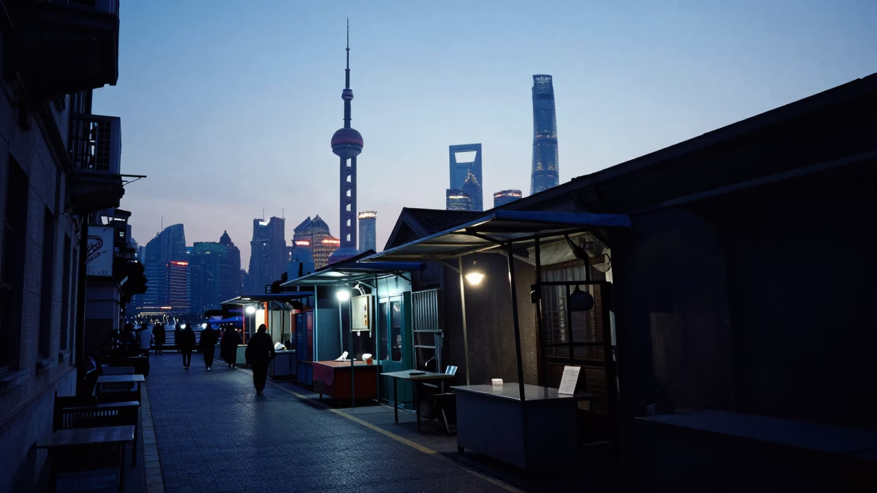 Street Scene in Shanghai at The Still Hours Before Dawn Light in in Shanghai, China