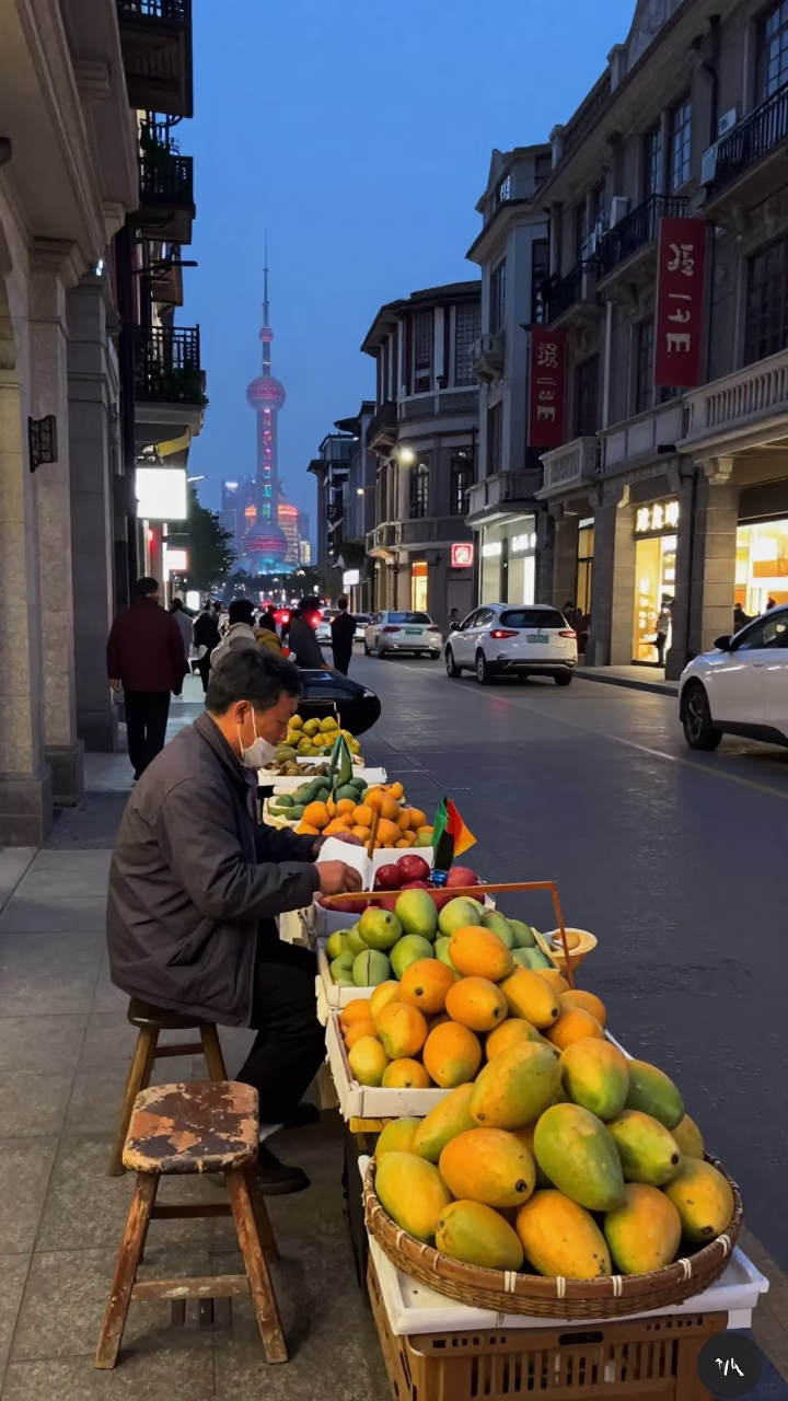 Street Scene in Shanghai at Twilight in in Shanghai, China