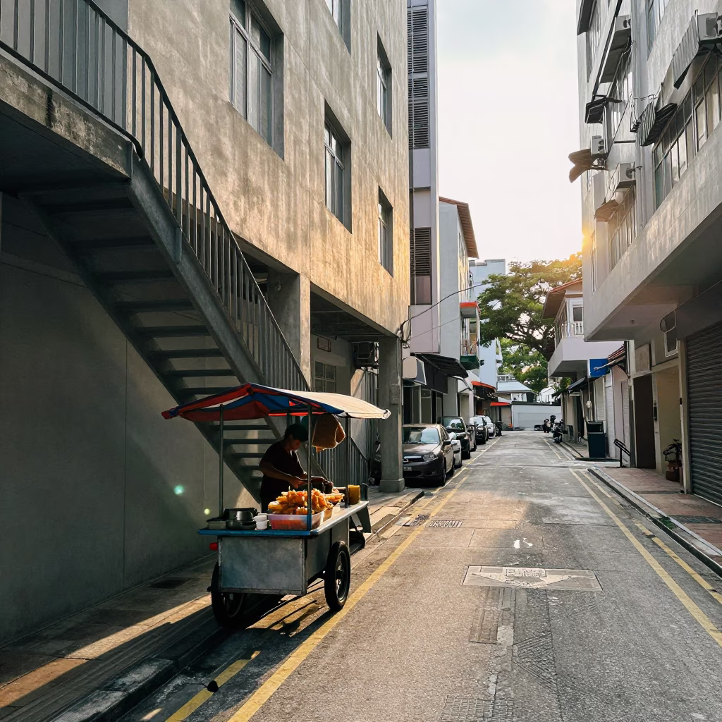 Street Scene in Singapore at As First Light Reaches The Scene in in Singapore, Singapore