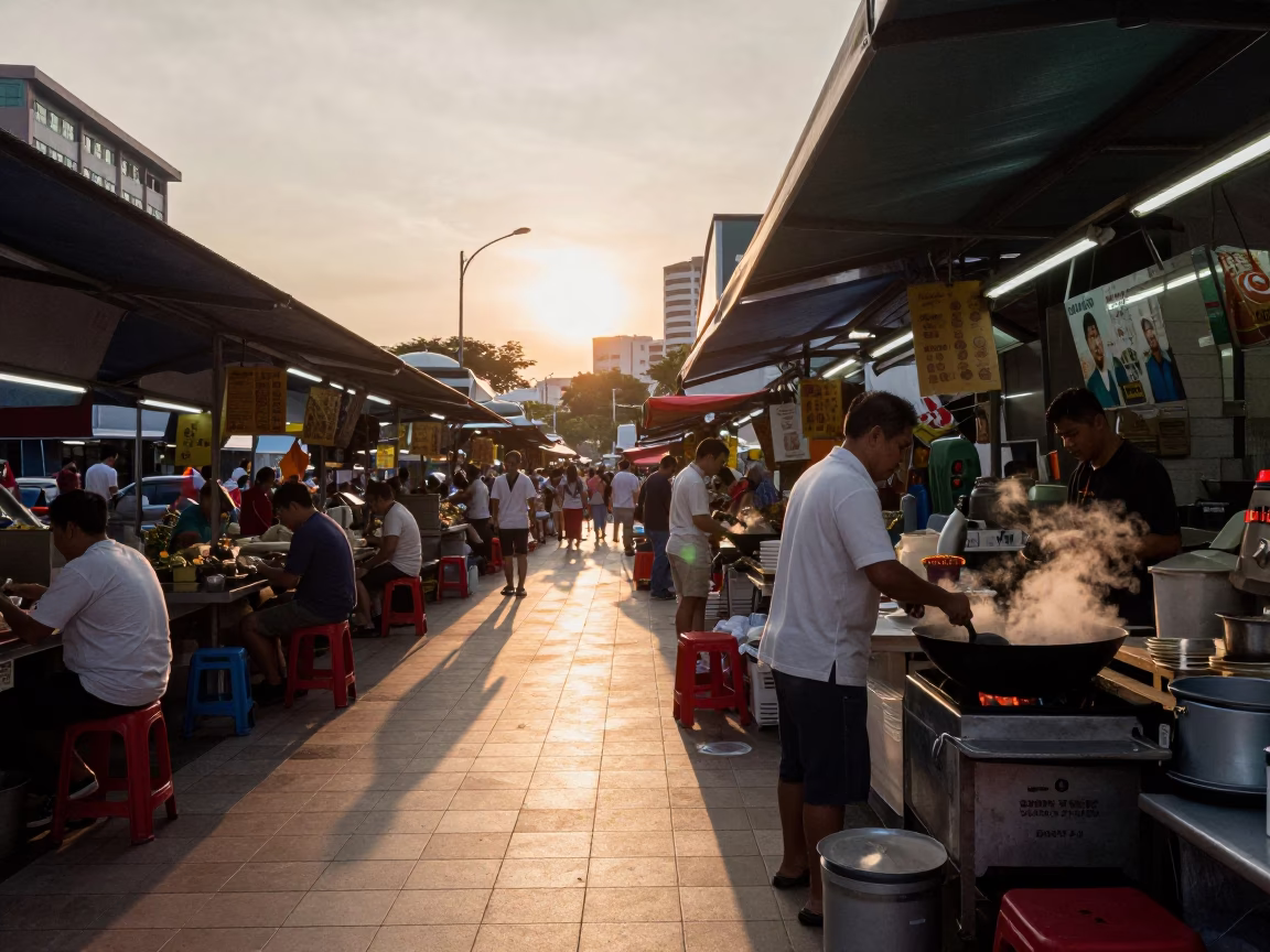 Street Scene in Singapore at As The Sun Drops Toward The Horizon in in Singapore, Singapore
