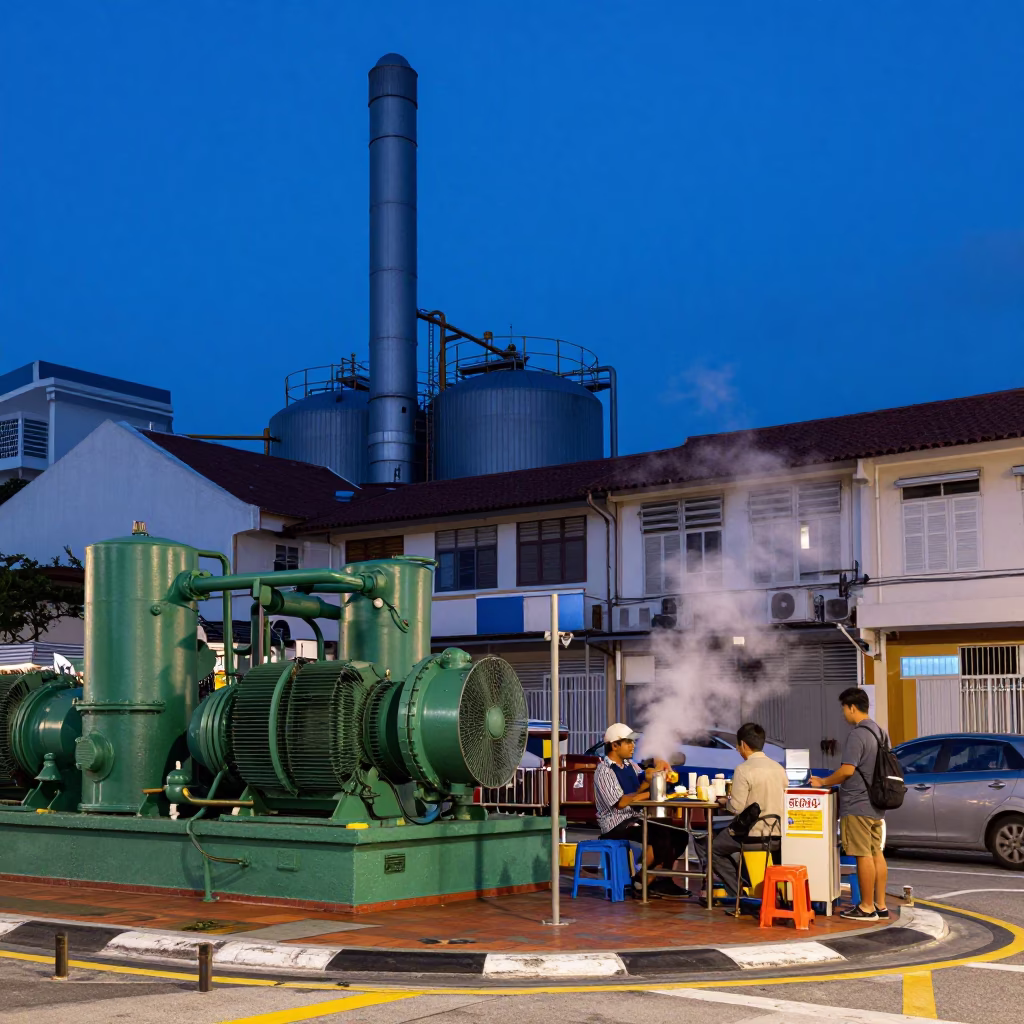 Street Scene in Singapore at The Last Blue Light Of Evening in in Singapore, Singapore