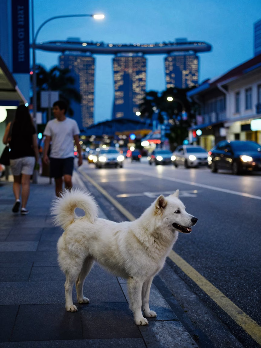 Street Scene in Singapore at The Last Blue Light Of Evening in in Singapore, Singapore