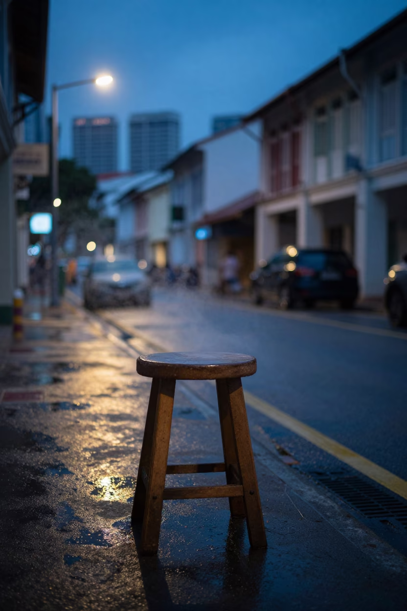 Street Scene in Singapore at The Predawn Darkness Light in in Singapore, Singapore