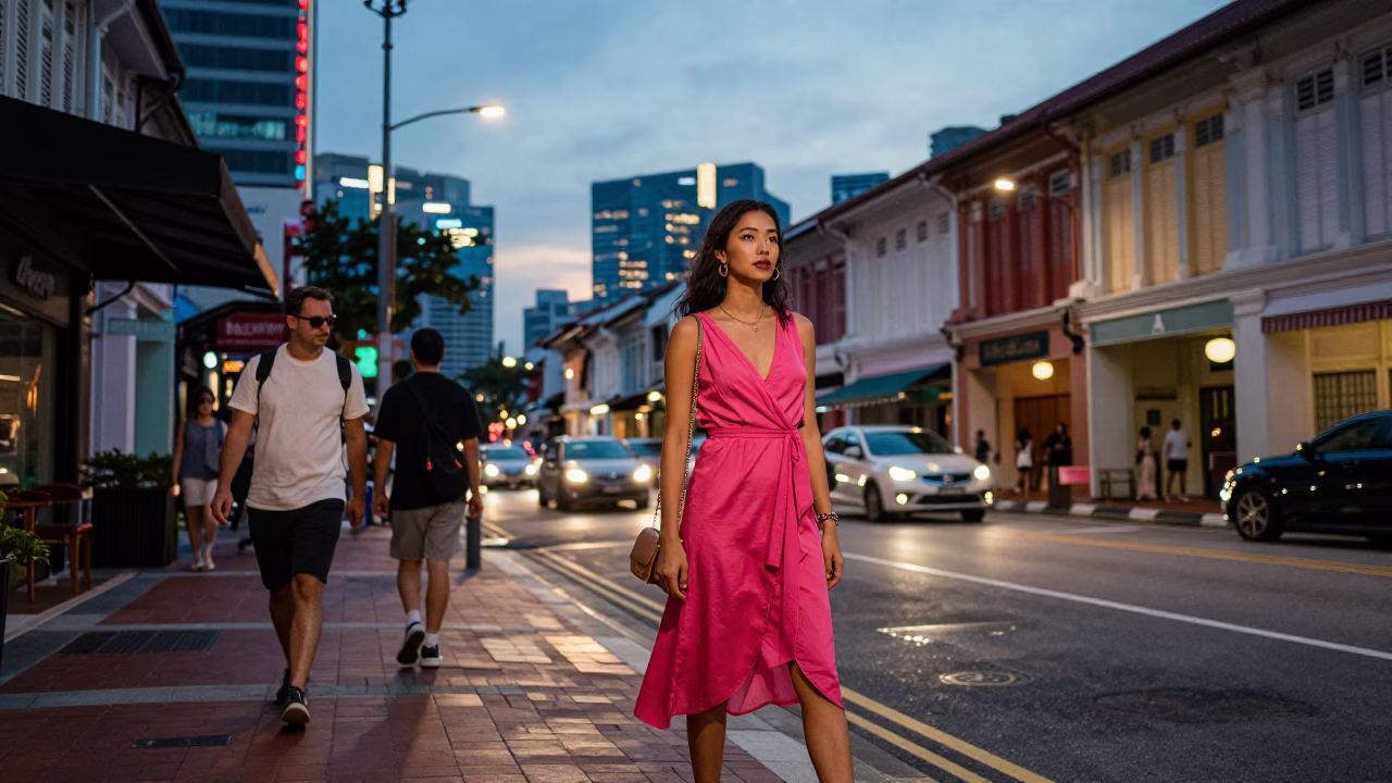 Street Scene in Singapore at The Still Hours Before Dawn Light in in Singapore, Singapore