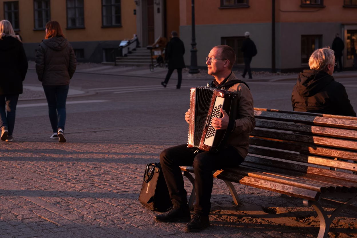 Street Scene in Stockholm at Copper-toned Light Before Dusk in in Stockholm, Sweden