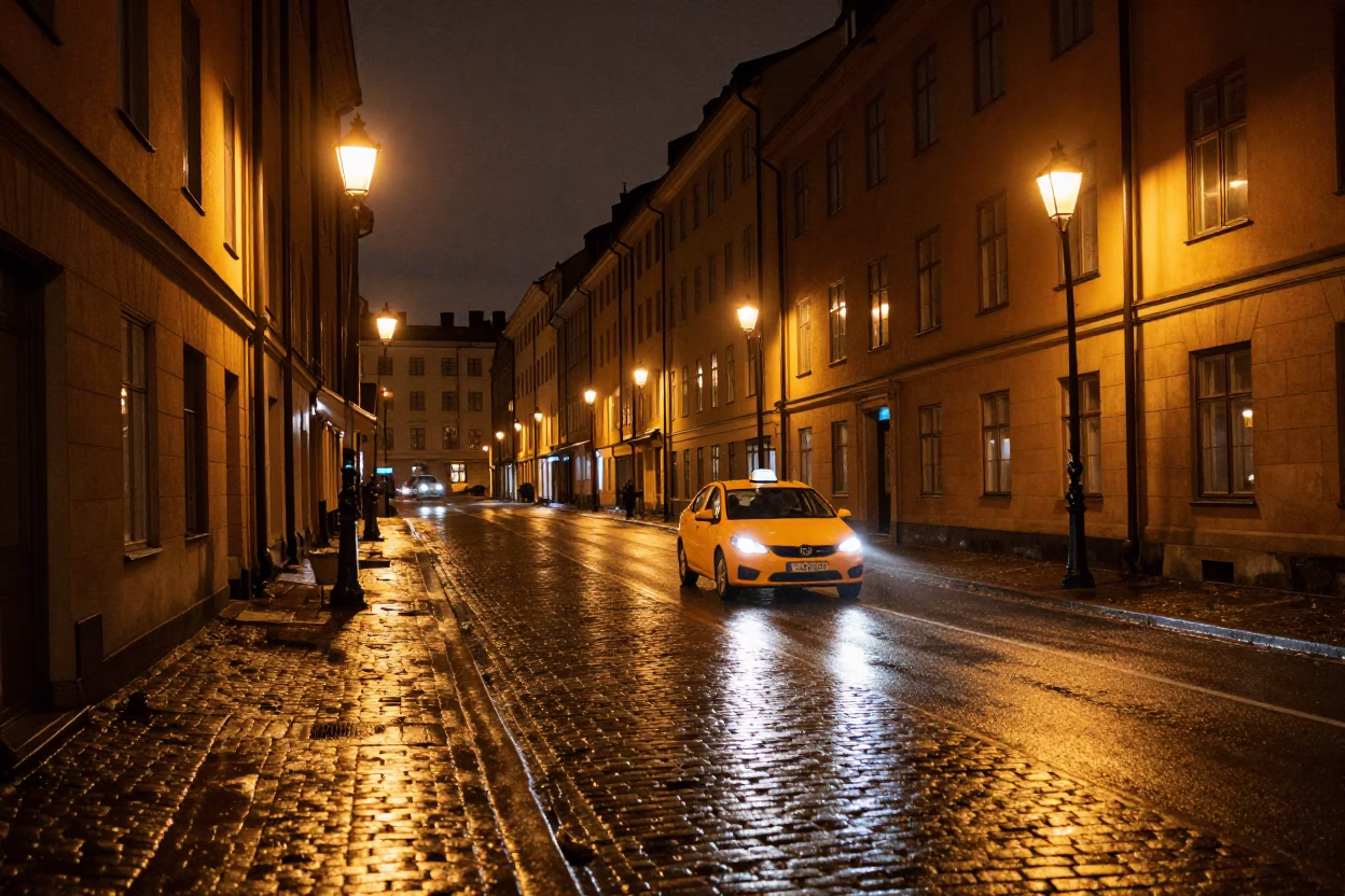 Street Scene in Stockholm at Deep In The Night Light in in Stockholm, Sweden