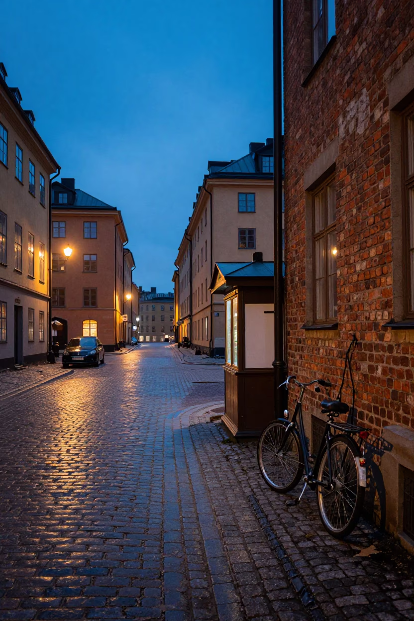 Street Scene in Stockholm at First Light Of Dawn in in Stockholm, Sweden