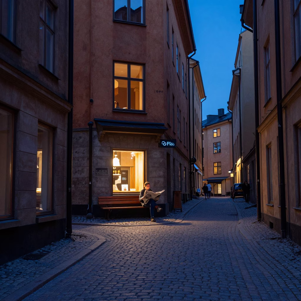 Street Scene in Stockholm at Indigo Twilight After Sunset in in Stockholm, Sweden