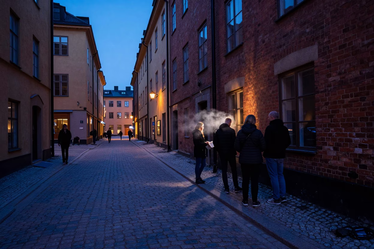 Street Scene in Stockholm at Indigo Twilight After Sunset in in Stockholm, Sweden