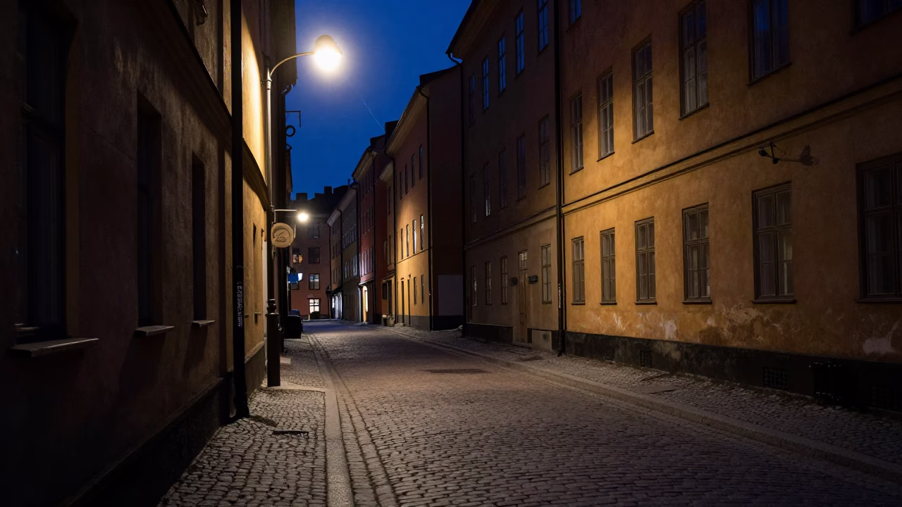 Street Scene in Stockholm at Midnight Light in in Stockholm, Sweden
