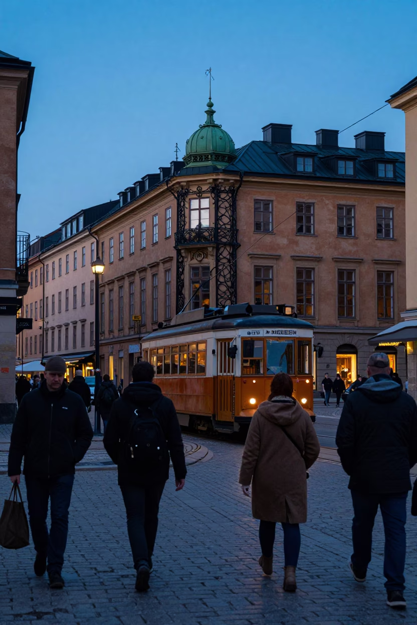 Street Scene in Stockholm at Nautical Dawn Light in in Stockholm, Sweden