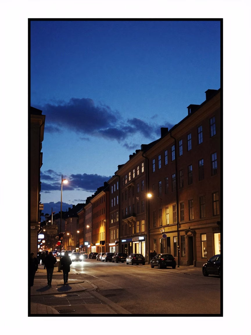 Street Scene in Stockholm at The Deepest Night Sky Light in in Stockholm, Sweden
