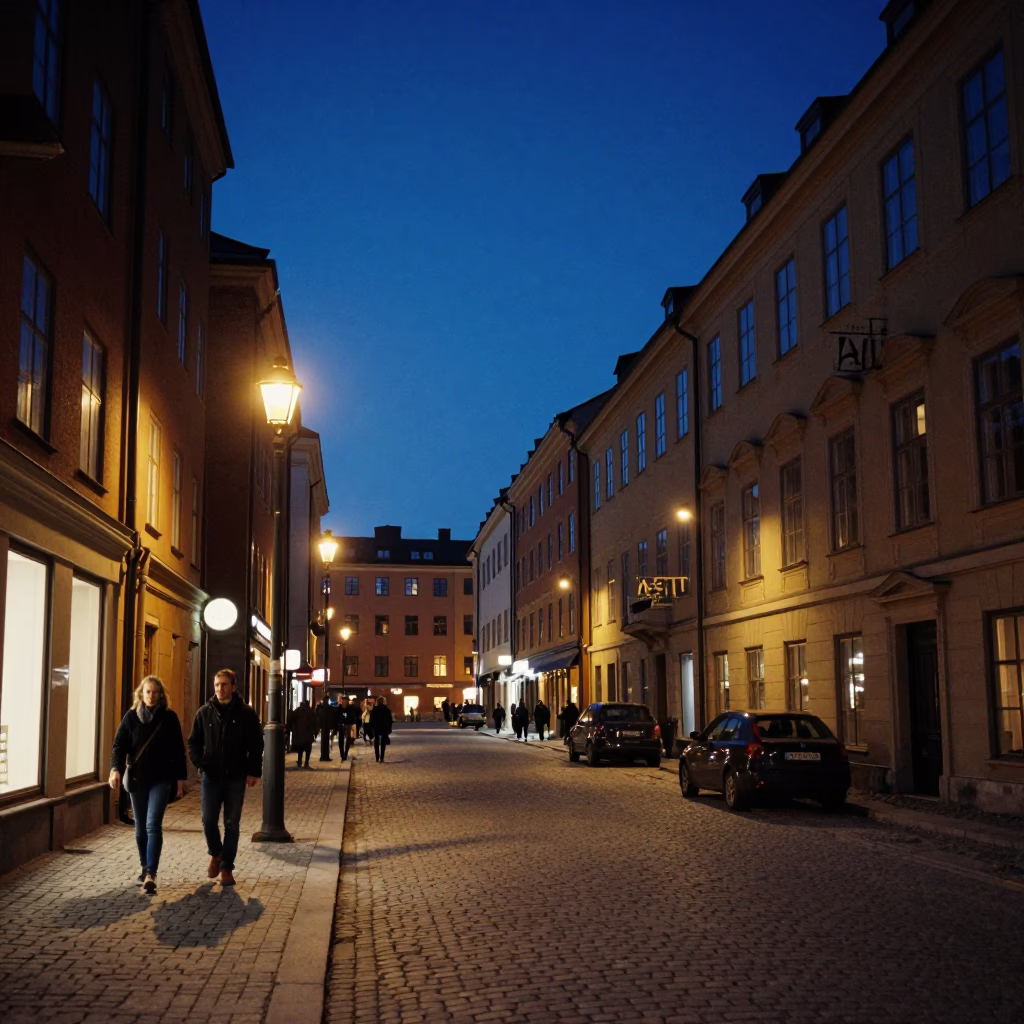 Street Scene in Stockholm at The Deepest Night Sky Light in in Stockholm, Sweden