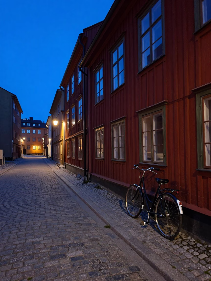 Street Scene in Stockholm at The Last Blue Light Of Evening in in Stockholm, Sweden