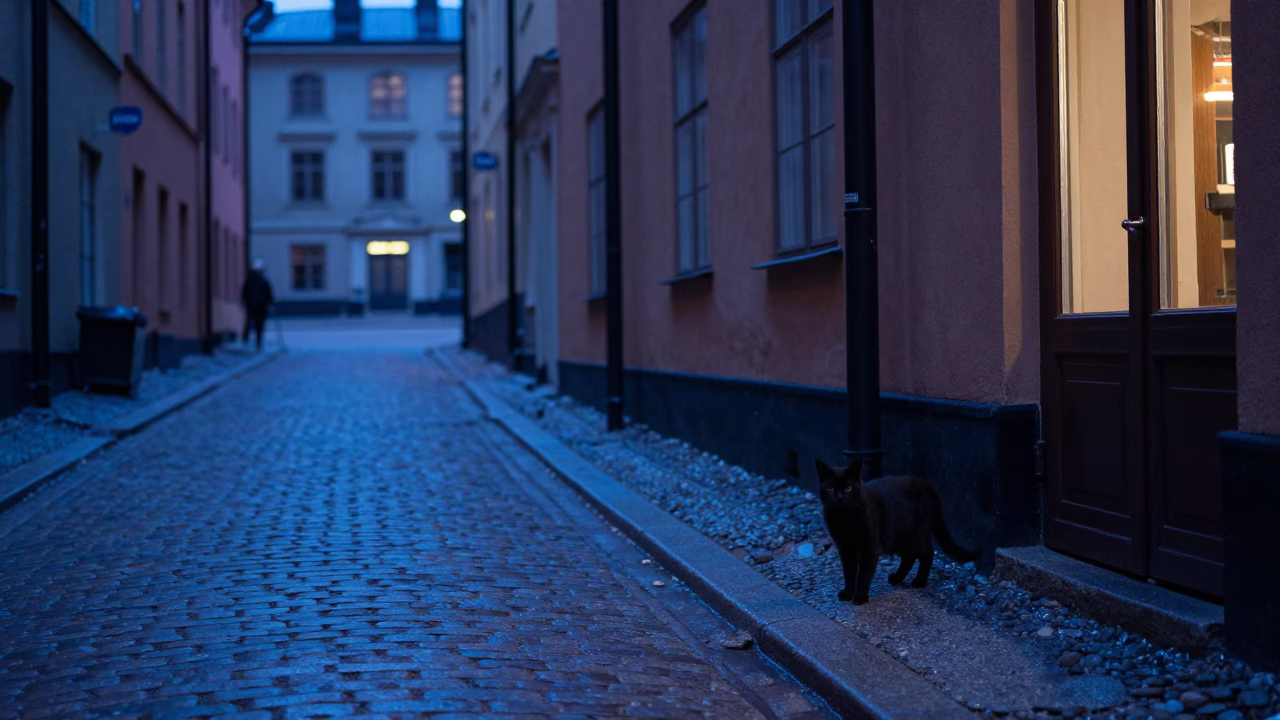 Street Scene in Stockholm at The Last Blue Light Of Evening in in Stockholm, Sweden