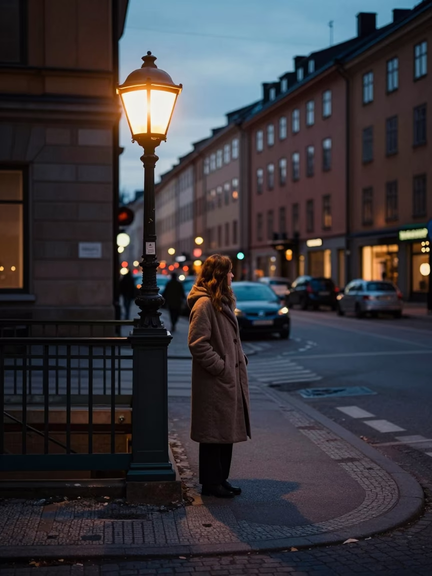 Street Scene in Stockholm at The Predawn Darkness Light in in Stockholm, Sweden