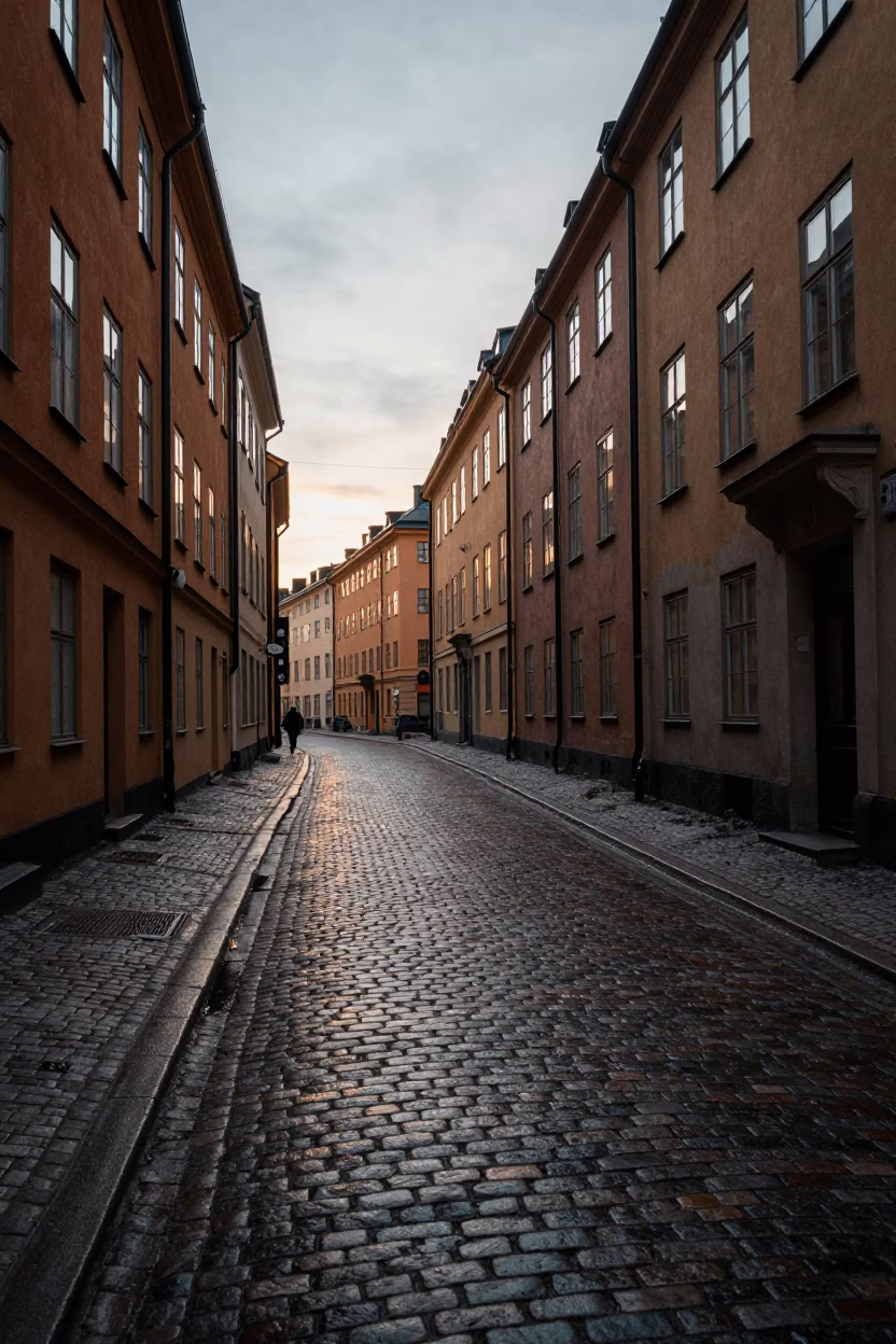 Street Scene in Stockholm at The Still Hours Before Dawn Light in in Stockholm, Sweden