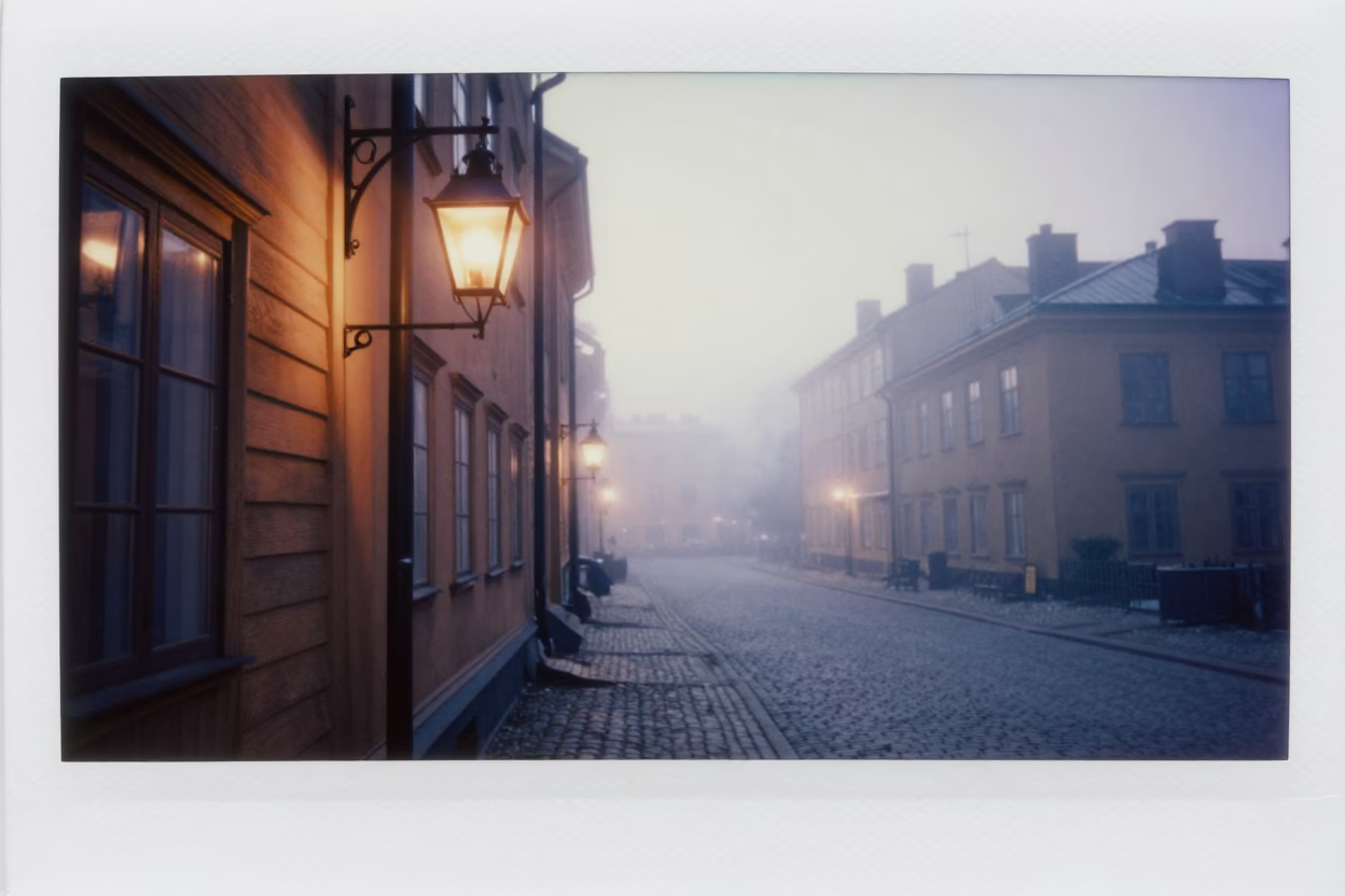 Street Scene in Stockholm Sweden Before Dawn with Glowing Lantern in Fog in in Stockholm, Sweden