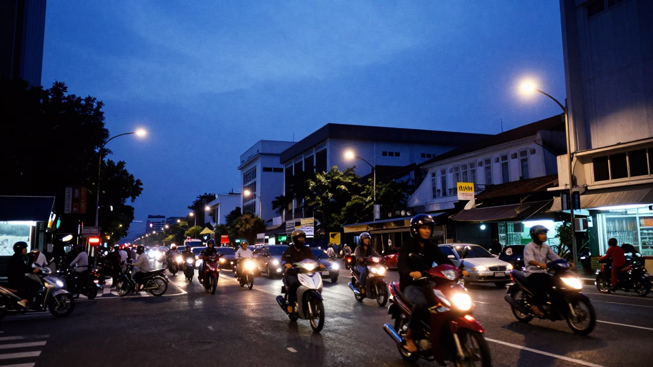 Street Scene in Surabaya at Blue Hour in in Surabaya, Indonesia